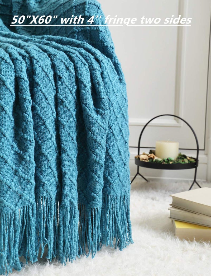 CREVENT Boho Crochet Throw Blanket for Couch Sofa Chair Bed Decoration, Gift Idea for Girlfriend Mom Birthday, Soft Warm Cozy Light Weight for Spring Summer (50''X60'' Turquoise/Dark Teal) - Image 2